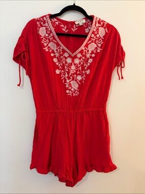 Umgee Red Embroidered V-Neck Romper